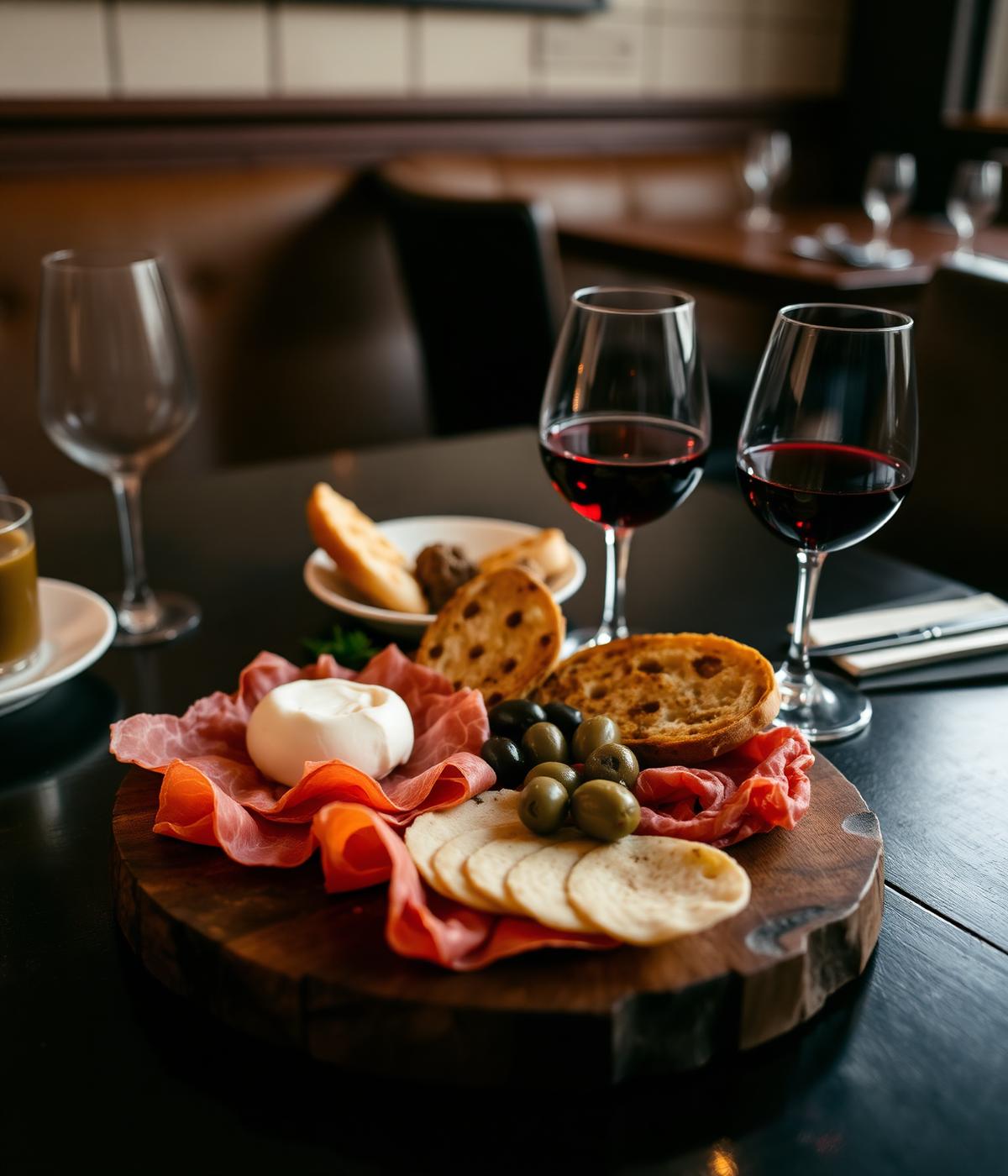An antipasti board with burrata, prosciutto and wine