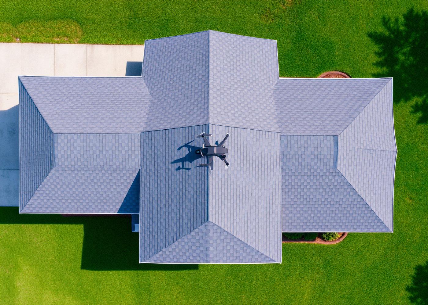 Aerial view of a completed residential roof replacement
