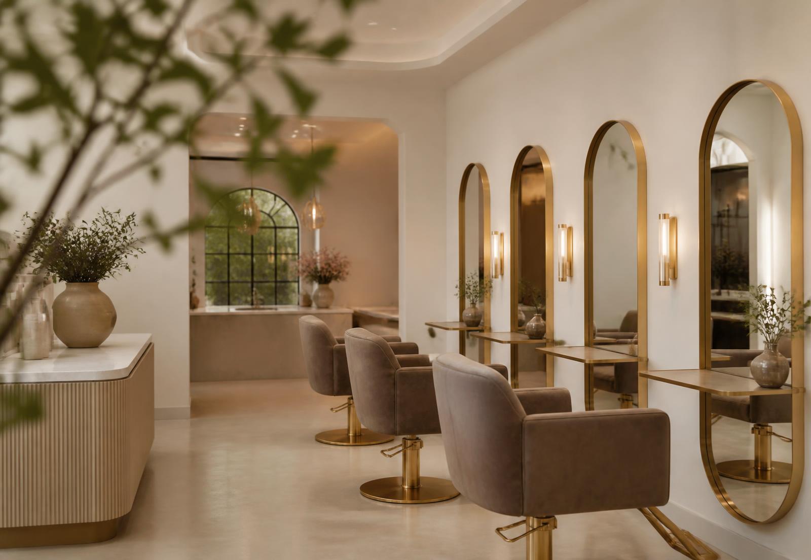 Interior of a luxury hair salon with cream walls, arched gold mirrors and taupe velvet chairs