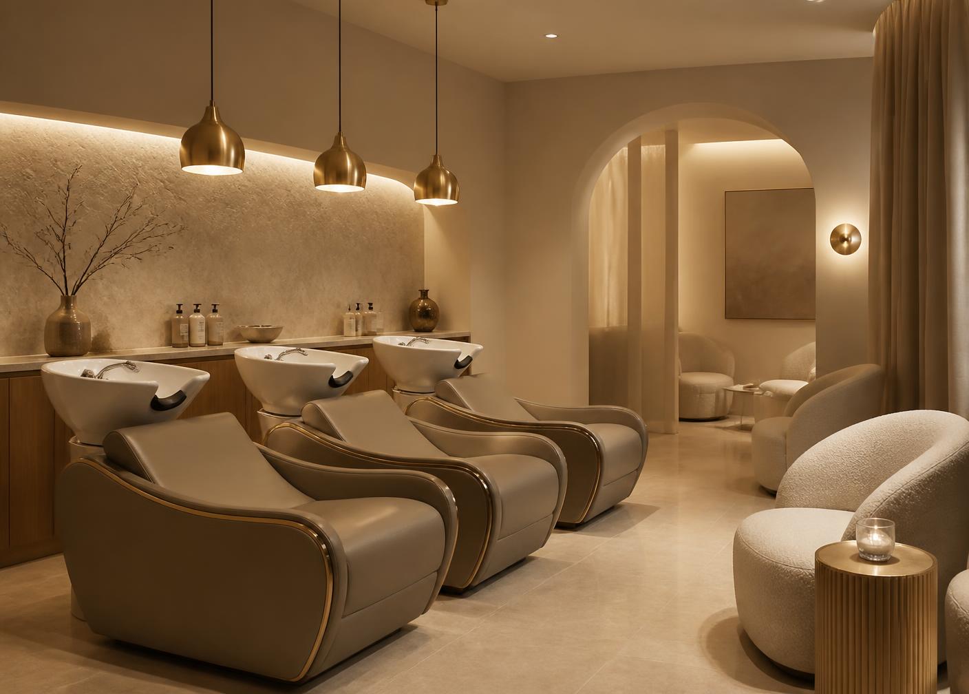 Luxury salon washing lounge with gold pendant lights and cream boucle seating