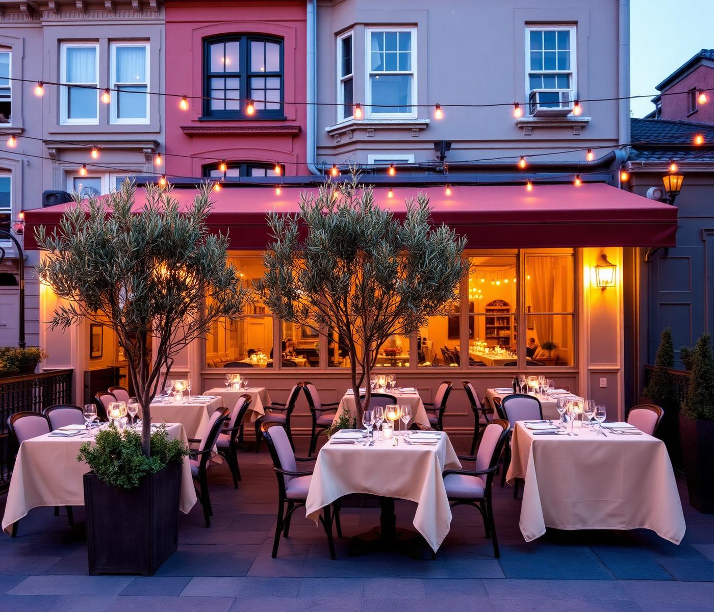 Terrace seating at dusk