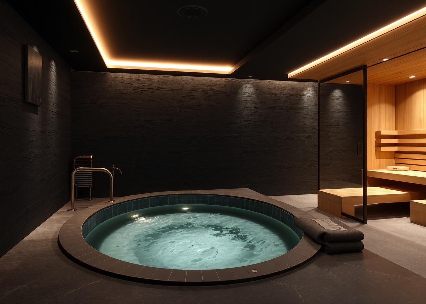 Cold plunge pool and cedar sauna in the recovery lounge